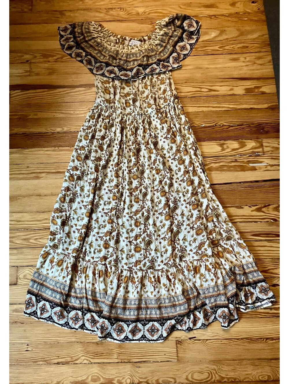 Margaux Riviera Cream Floral Off Shoulder Boho Maxi Dress Prairie Cottagecore L